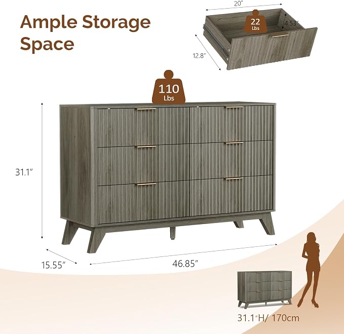 VINGLI Fluted Grey Dresser 6 Drawer Gray Dresser - Image 2