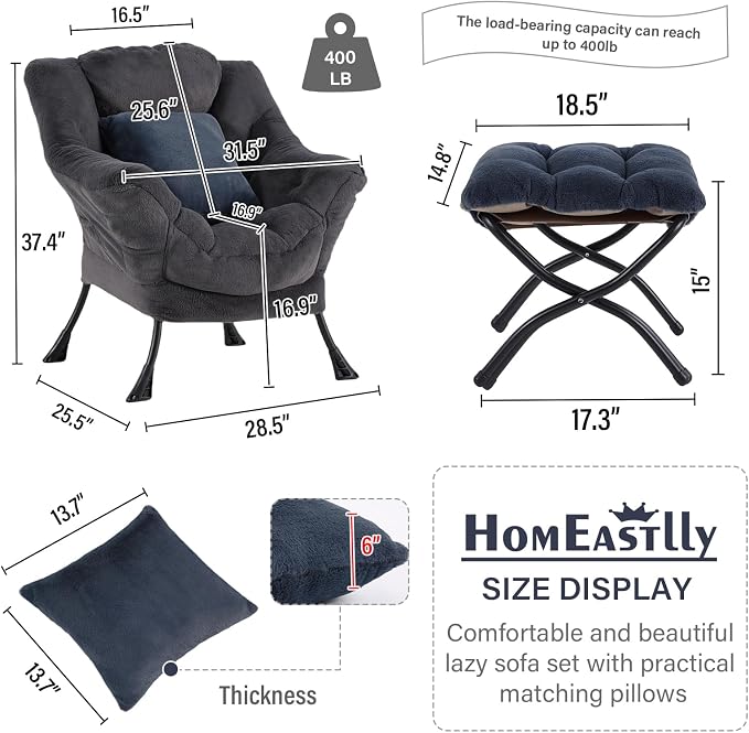 Lazy Chair with Ottoman, Large Blue Gray Accent Chair with Ottoman and FA Throw - Image 3