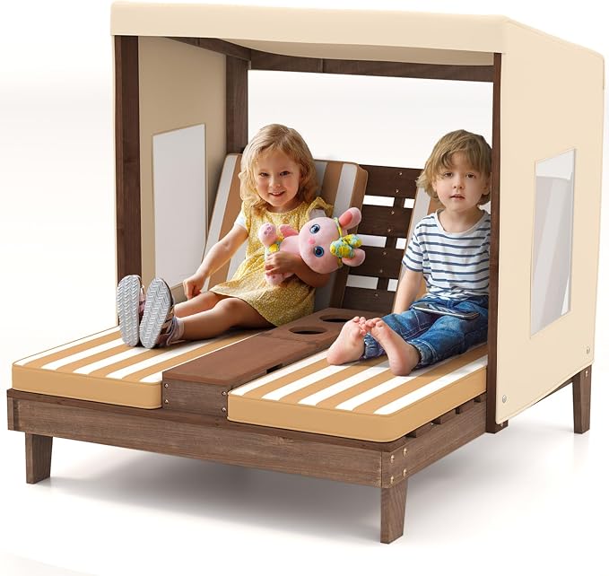 HONEY JOY Kids Chaise Lounge Chair Outdoor, Toddler Wood Double Pool Lounger by HONEYJOY