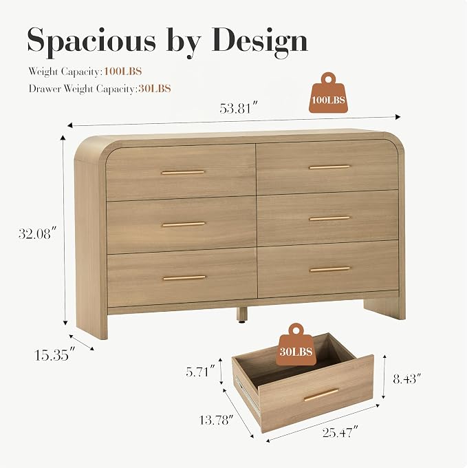 Curved 6-Drawer Dresser for Bedroom, Vanity Desk TV Stand for Living Room - Image 2