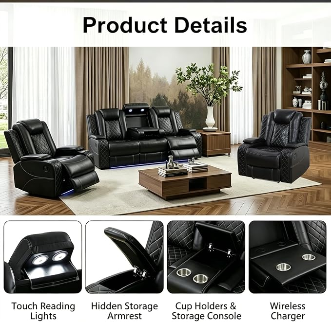 Power Recliner Sofa Set with LED Lights, Includes 2 Manual Recliner 1 Seat and - Image 4