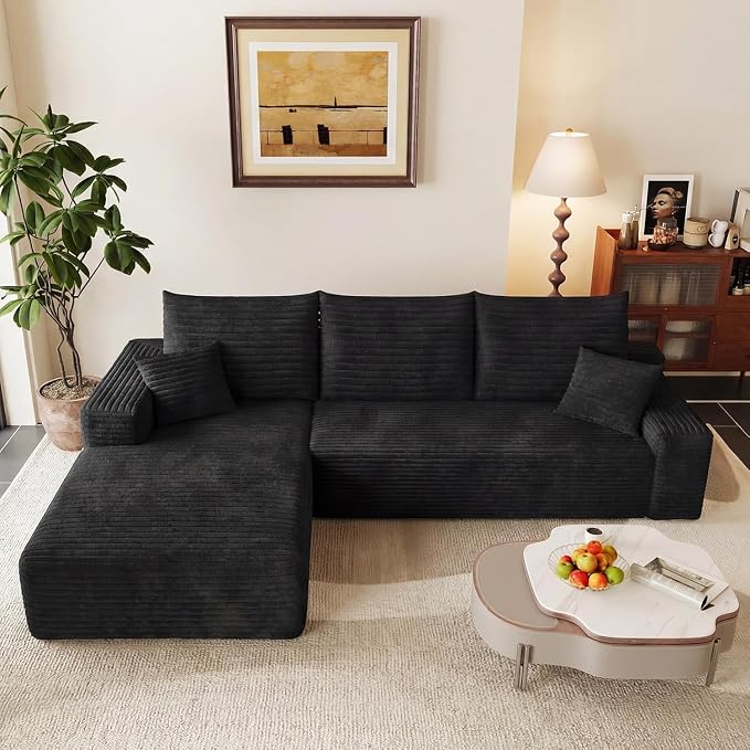 107.5" Cloud Sectional Couch L-Shaped Chaise, Comfy Corduroy Boneless Couch - Image 3