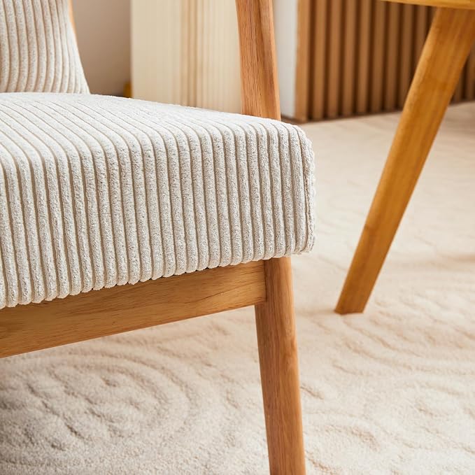 Mid-Century Modern Accent Chair Beige Rubberwood Frame Living Room Bedroom - Image 9