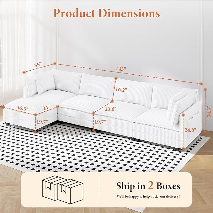 Vesgantti 143" L Shaped Modular Sectional Sofa, Comfy Corduroy Upholstered - Image 2