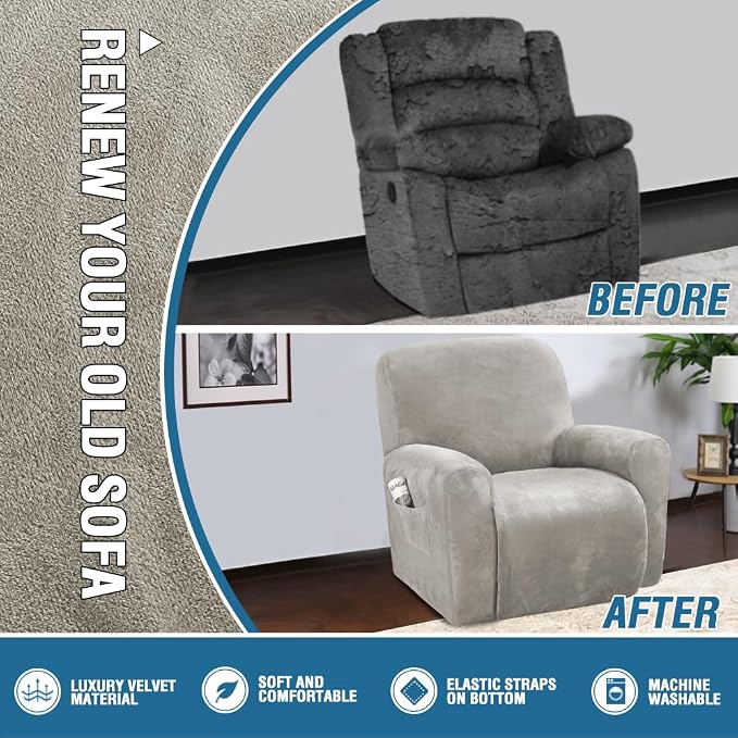 H.VERSAILTEX 4-Pieces Recliner Chair Covers Velvet Stretch Reclining Couch - Image 5