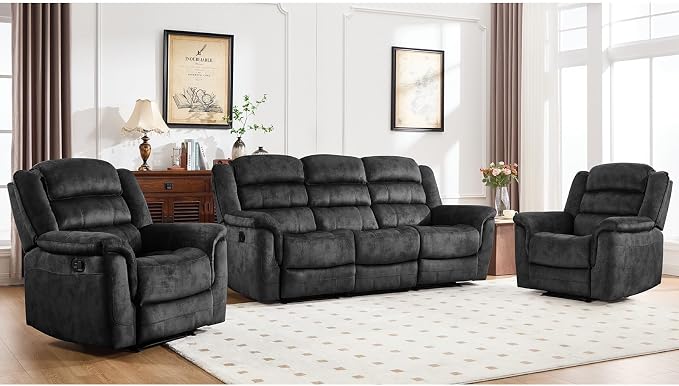 EBELLO 3 Pieces Reclining Living Room Set, Soft Fabric Manual Recliner Sofa by EBELLO