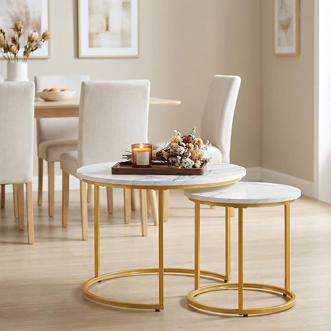 Round Nesting Coffee Table Set of 2, Modern Marble Pattern Wooden Nesting Tables - Image 5