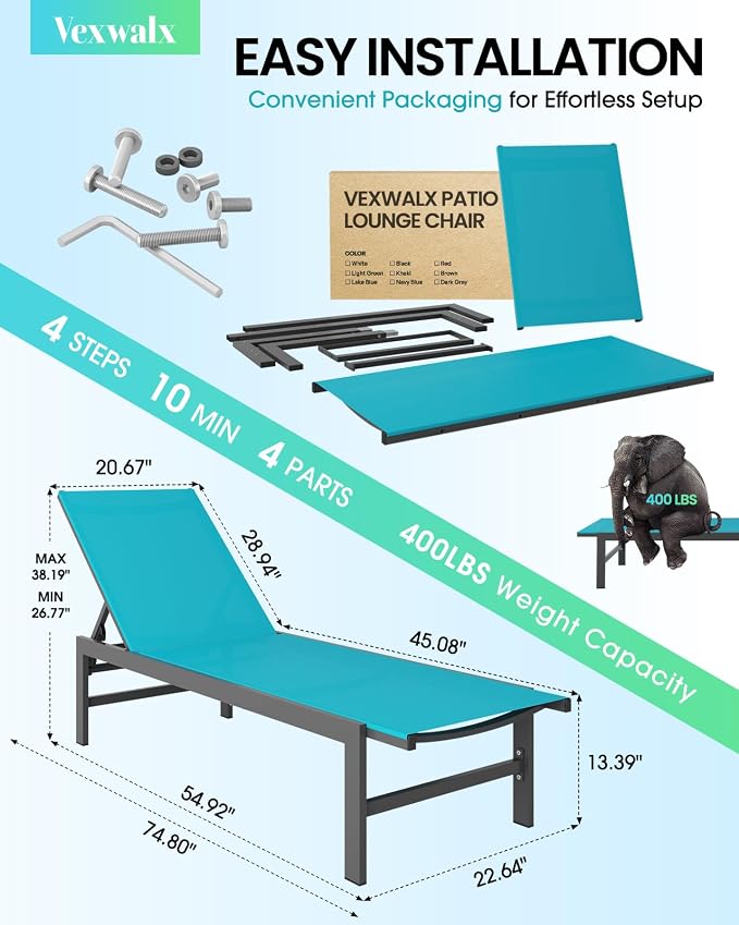 Vexwalx Outdoor Lounge Chairs Set of 2, Aluminum Patio Chaise Lounge Chairs - Image 3