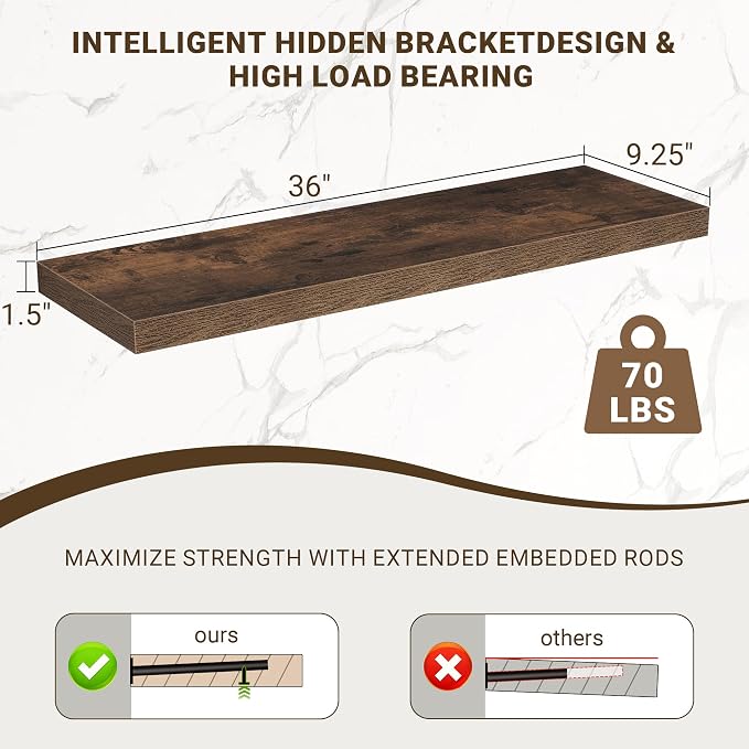 Acovy 36 Inch Floating Shelves, Wooden Shelves - Image 3