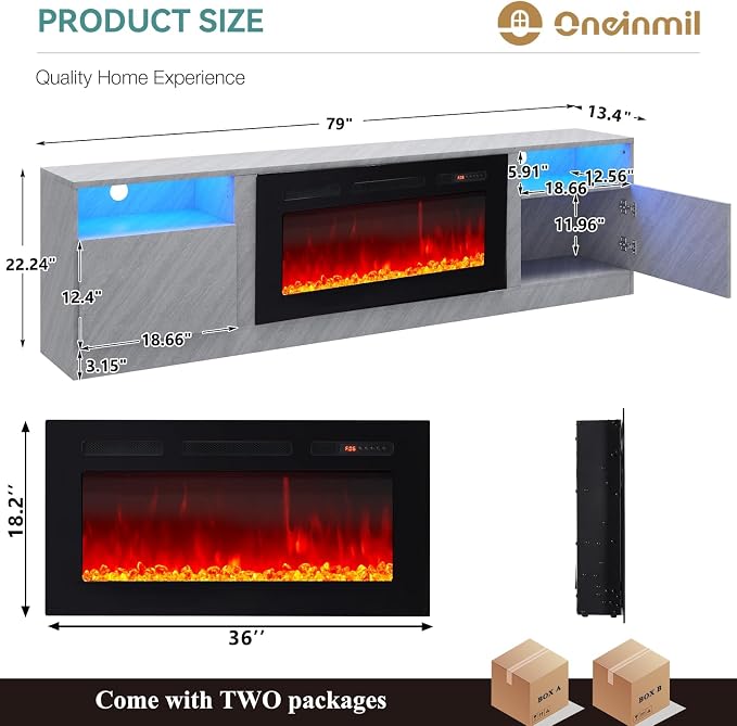 oneinmil 80” TV Stand with 36” Electric Fireplace, Large Modern Media - Image 4