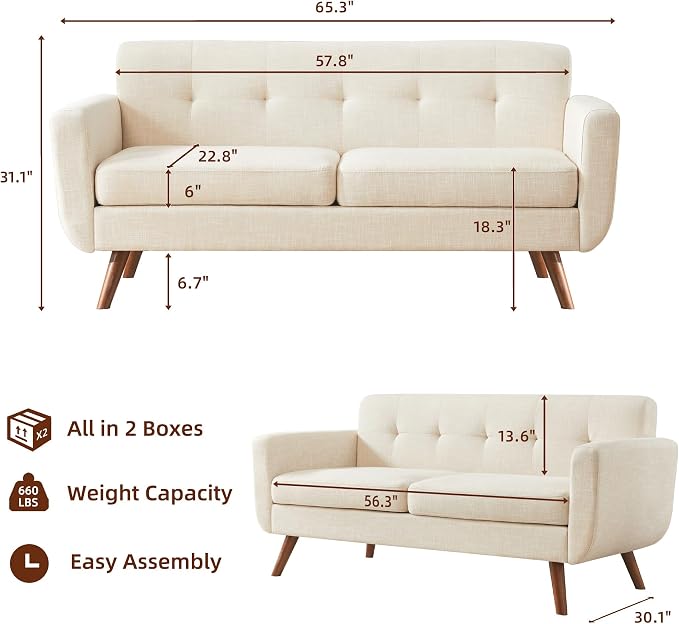 Tbfit 65" W Loveseat Sofa with Ottoman Coffee Table, Mid Century Modern Love - Image 2