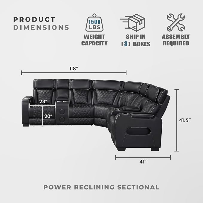 Lexicon 118" Power Reclining Sectional Sofa, Wall Hugger, 2 Recliner Seats - Image 2