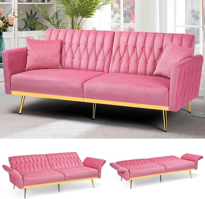 70” Velvet Futon Sofa Bed with 2 Pillows and Adjustable Armrests, Convertible by ACMEASE