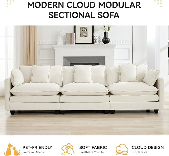111'' Sectional Cloud Deep Seat Couch, Modern Comfy Chenille Modular Sectional - Image 6
