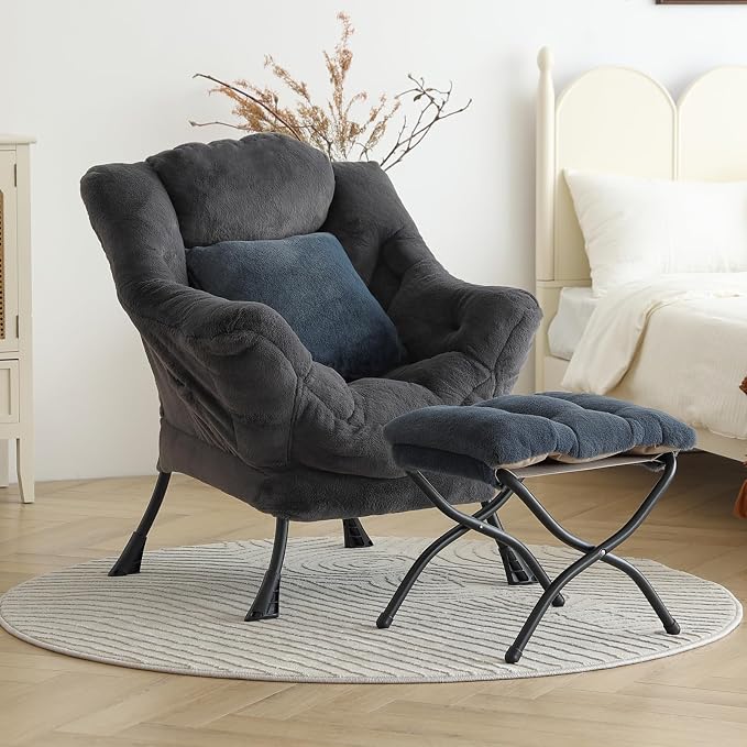 Lazy Chair with Ottoman, Large Blue Gray Accent Chair with Ottoman and FA Throw - Image 5