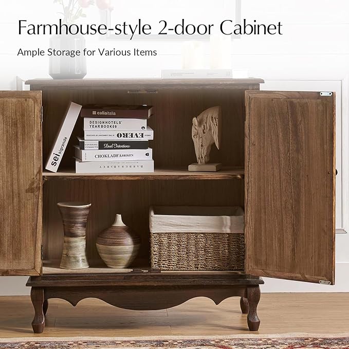 Solid Wood Sideboard with Adjustable Feet, 2 Shelves Storage Accent Cabinet - Image 4