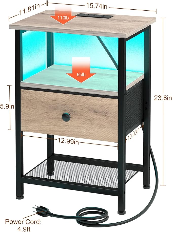 LOAKEKEL Nightstand with Charging Station, End Table with Fabric Drawer - Image 3