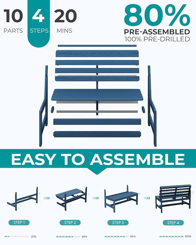 SERWALL Outdoor Bench, All Weather HDPE Outdoor Benches, 2-Person Armless Porch - Image 7