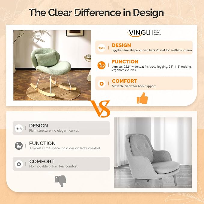 VINGLI 25.6" Extra Wide Criss Cross Nursery Rocking Chair, Cute Curved 115° - Image 3