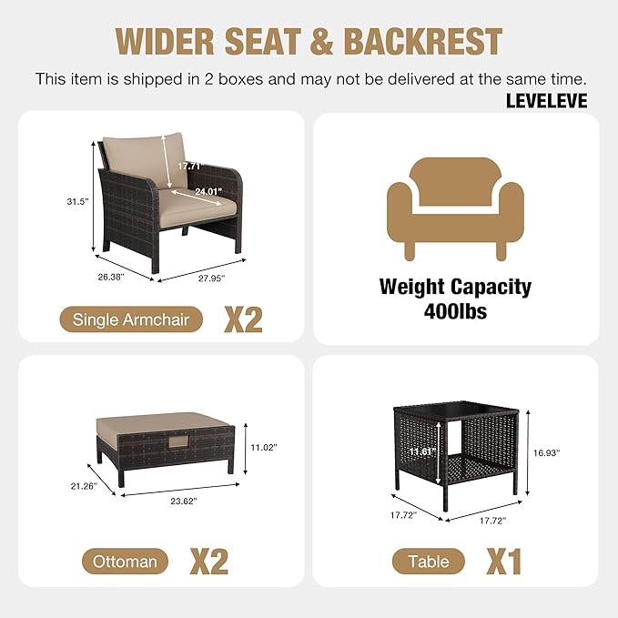 LEVELEVE Patio Conversation Set 5 Piece, Balcony Furniture Outdoor PE Rattan - Image 2
