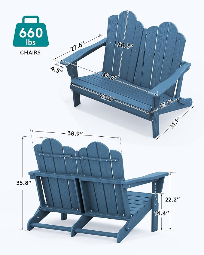 SERWALL Folding Adirondack Bench, HDPE All-Weather Adirondack Loveseat Set of 2 - Image 3