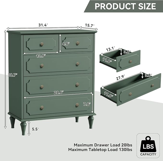 Green Dresser for Bedroom with 5 Drawers, Vintage Tall Dresser with Smooth - Image 2