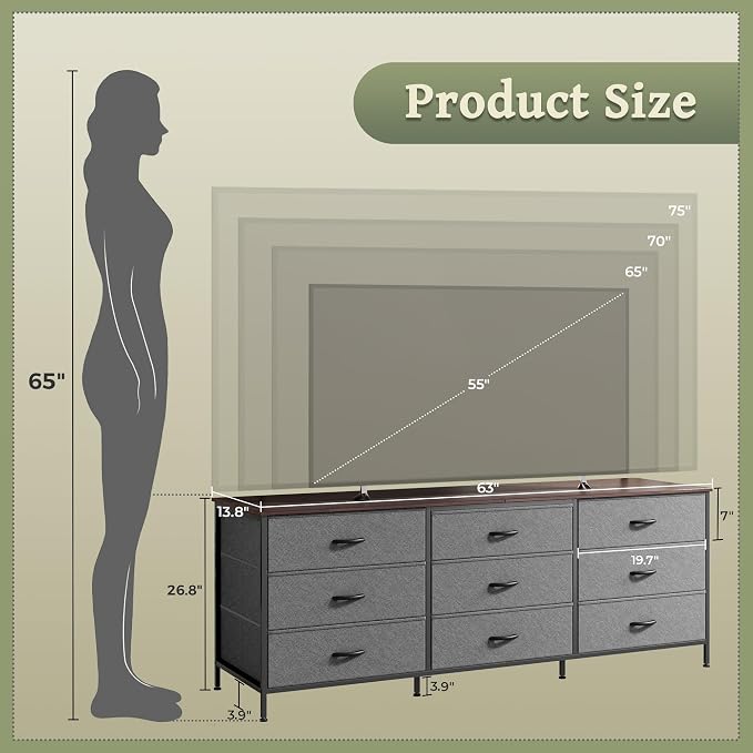 Huuger 63 Inch Dresser for Bedroom, Dresser for Closet - Image 3
