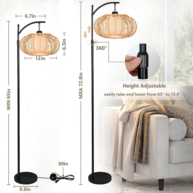 ZECOXOL Arc Floor Lamps for Living Room Bedroom Rattan Boho Floor Lamp - Image 5