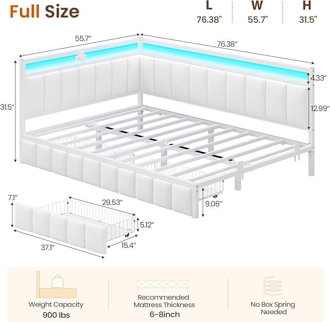 DICTAC Corner Bed Frame with 2 Storage Drawers and Charging Station Full Size - Image 2