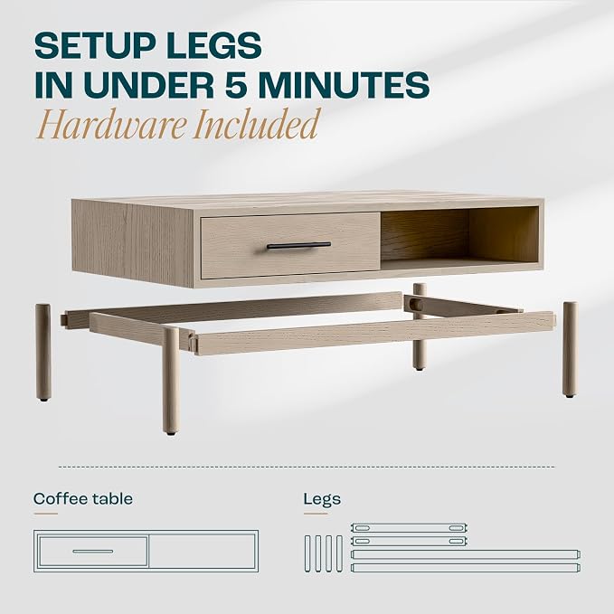 Bme Coffee Table for Living Room, Lyra Solid Wood Rectangle, Mid Century Modern - Image 4