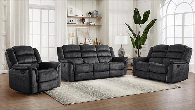 EBELLO 3 Pieces Reclining Living Room Set, Overstuffed Soft Fabric Manual - Image 6