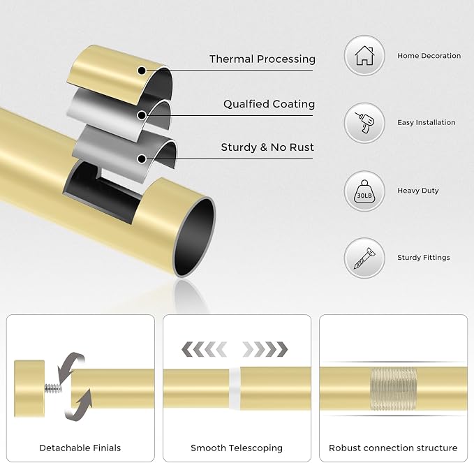 VOIIY 2 Pack Gold Curtain Rods for Windows 18 to 42 Inch, Size:18''-42'' - Image 7