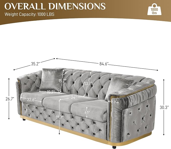 DAMAIFROM Velvet Couch Grey and Gold Sofa Luxury Loveseat 84.6" Mid Century - Image 2