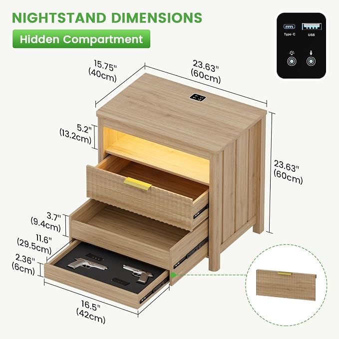 HNEBC Nightstand Set of 2 with Gun Drawer, Nightstands with Hidden Compartment - Image 3