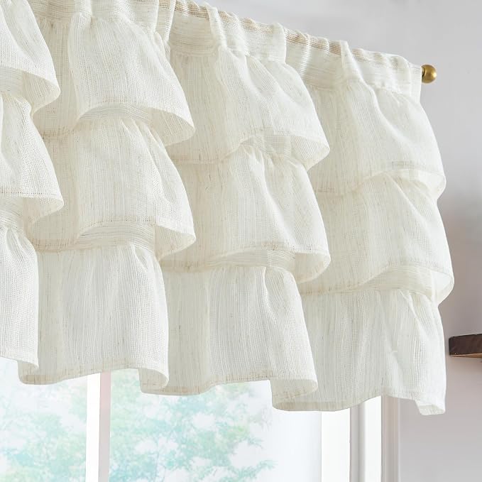 jinchan Ruffled Valance Curtain Slubbed Crossed Hatch Kitchen Valance by JINCHAN