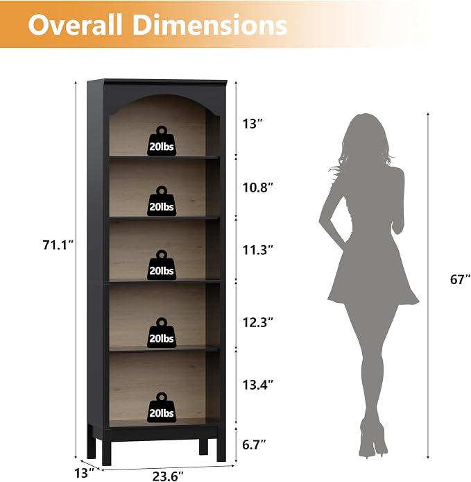 Arched Bookshelf with 5 Tier Open Shelves, Study and Living Room, Modern Black - Image 2
