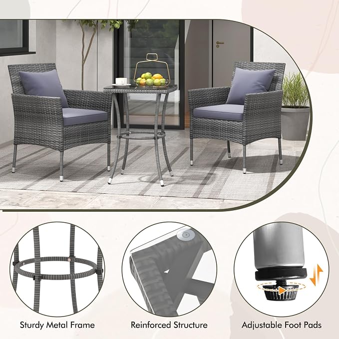 Tangkula 3-Piece Patio Furniture Set, PE Wicker Conversation Bistro Set w/A - Image 5