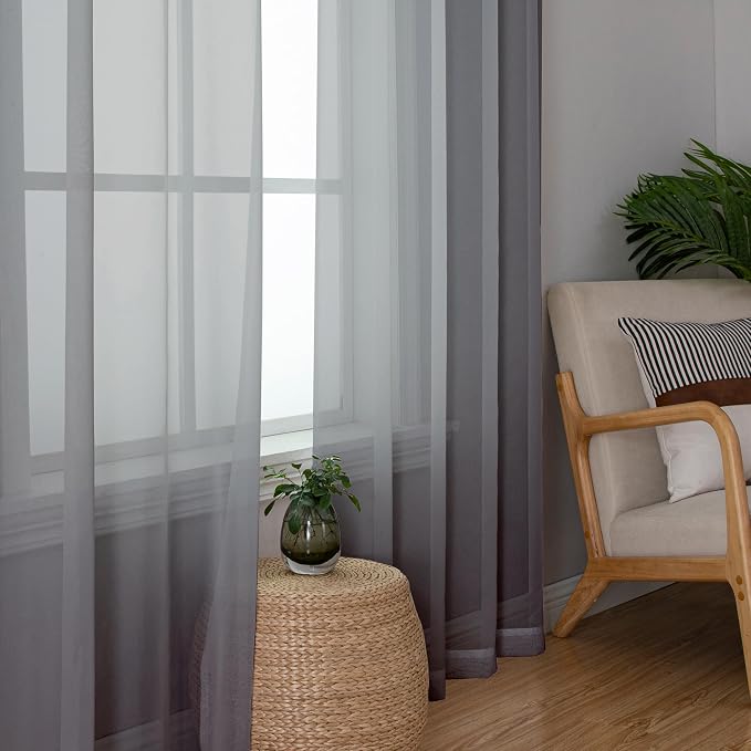 Lecloud Charcoal Grey Sheer Curtains 90 Inches Long 2 Panels, Light Filtering - Image 2