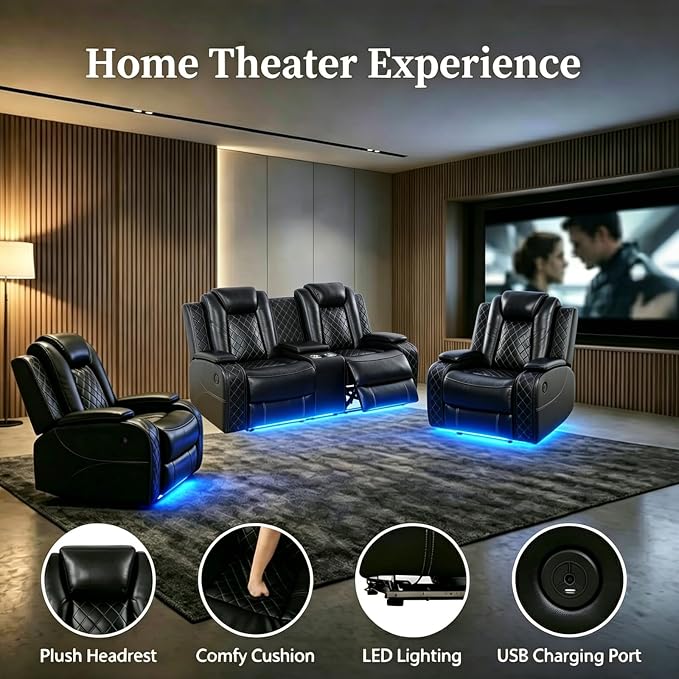 Power Recliner Sofa Set with LED Lights, Includes 2 Manual Recliner 1 Seat and - Image 3