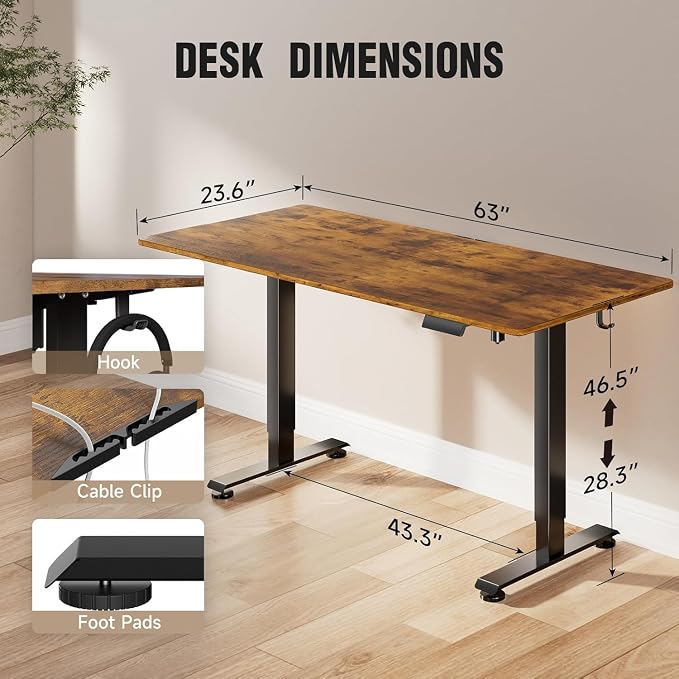 Veken 63 Inch Electric Standing Desk, Height Adjustable Sit Stand Up, Wood - Image 2