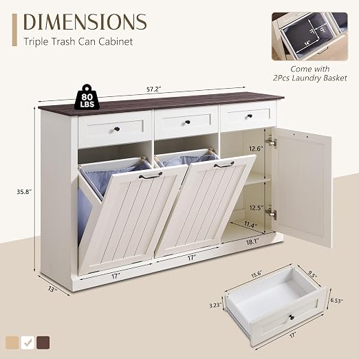 IFGET Triple Tilt Out Trash Can Cabinet, 20 Gallon Farmhouse Laundry Hamper - Image 2