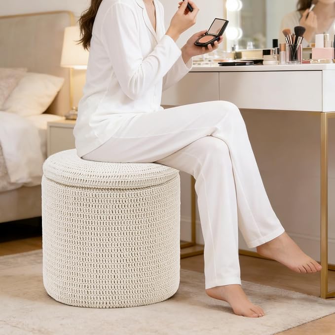 Wimarsbon Pouf Ottoman, 100% Cotton Knitted Boho Footstool, Round Footrest - Image 2