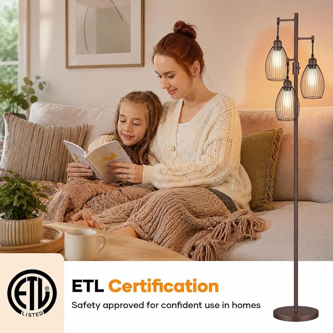 Nintiue Dimmable Floor Lamp, 3x800LM LED Bulbs Included, Farmhouse Industrial - Image 6