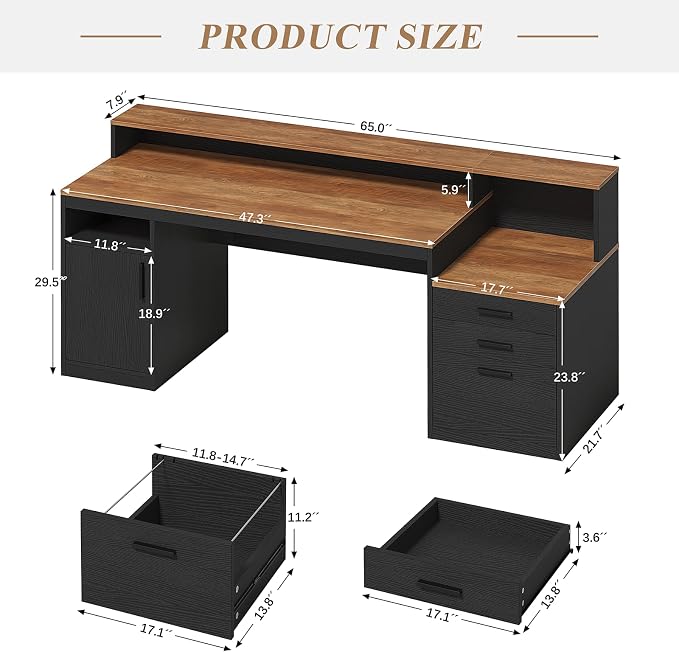 YOMILUVE Computer Desk with 3 Drawers & Storage Shelves, 65 Inch Home Office - Image 2
