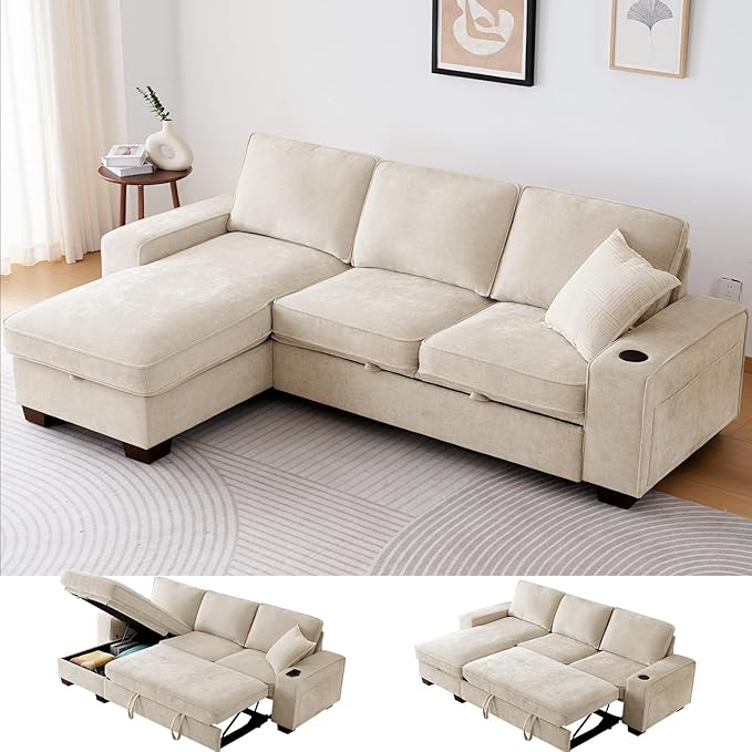 99" Convertible Sleeper Sofa Bed, L Shaped by ASHOMELI
