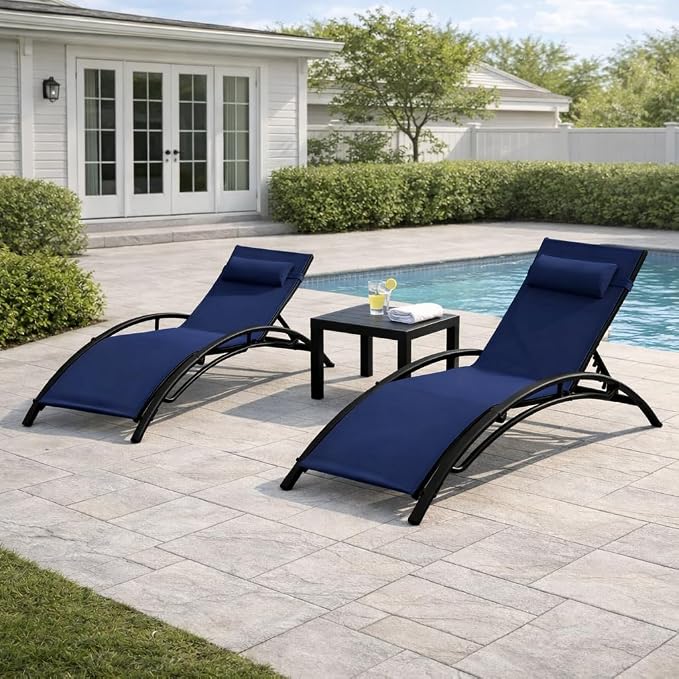 EROMMY Outdoor Chaise Lounge Set of 3, Reclining Patio Chairs by EROMMY