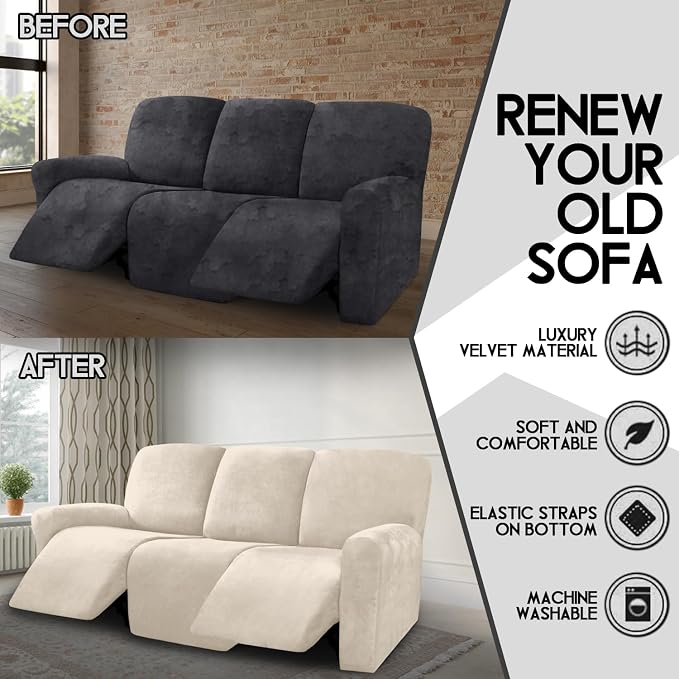 ULTICOR Velvet 8-Pieces Recliner Sofa Covers Stretch Reclining Couch Covers - Image 5