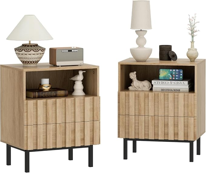 UEV Mid Century Modern Fluted Nightstand Set of 2, 2 Drawers End Table by YourHomeExcellentVendor