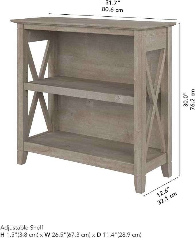Bush Home Key West Small 2 Shelf Bookcase in Washed Gray, Compact Home Organizer - Image 3