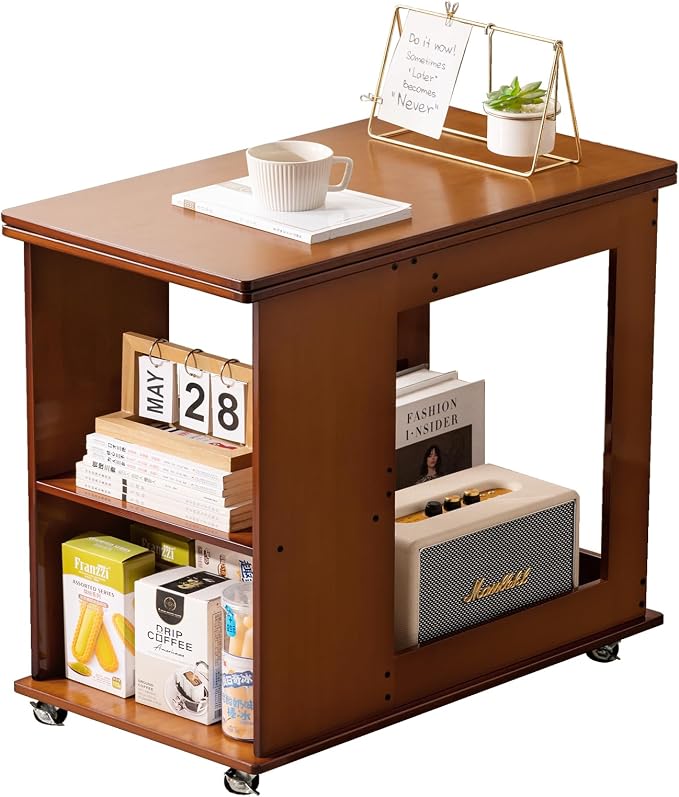 Folding Side Table with Storage Shelf, Space Saving Bamboo End Table with - Image 4